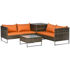 Outsunny Four-Piece Rattan Sofa Set, with Storage Table - Orange/Brown