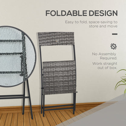 Outsunny 3 Pieces Rattan Bistro Set, Wicker Folding Garden Furniture Set with Glass Top Coffee Table and Chairs for Outdoor, Patio, Balcony, Grey