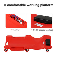 DURHAND Mechanic Vehicle Creeper Under Car Repair Padded Headrest Rolling Moulded Workshop Garage Assistance with Tool Tray, Red