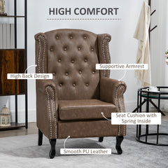 كرسي بذراعين من HOMCOM Wingback Accent Chair بتصميم Chesterfield مع حواف رأس مسمارية لغرفة المعيشة وغرفة النوم، بني