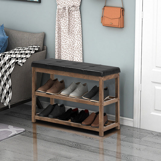 3 Tiers Shoe Storage Bench with Cushioned Seat-Brown