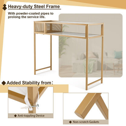 2-Tier Faux Marble Narrow Console Table with Mesh Storage Shelf-White