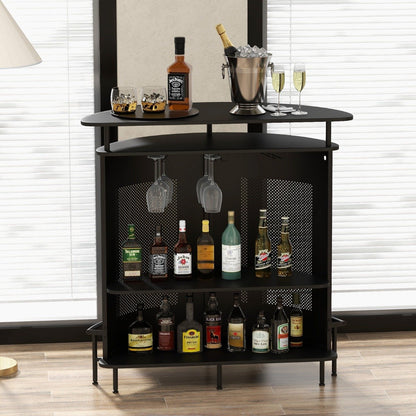 4-Tier Bar Table with Storage Shelves and 3 Stemware Holders-Black