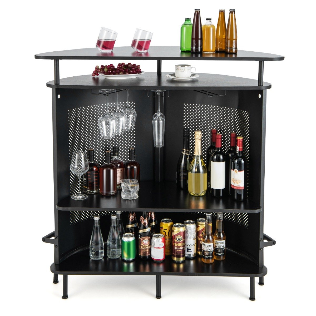 4-Tier Bar Table with Storage Shelves and 3 Stemware Holders-Black