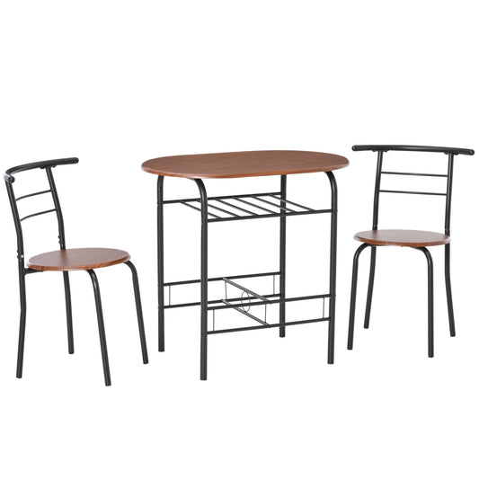 HOMCOM 3-Piece Dining Table Set , Metal Frame Wood Top Breakfast Bar Table Set for 2, Dining Table w/Storage Shelf & 2 chairs