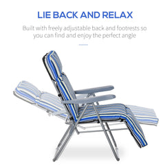 Outsunny Set of 2 Garden Sun Lounger Outdoor Reclining Seat Cushioned Seat Foldable Adjustable Recliner Blue and White