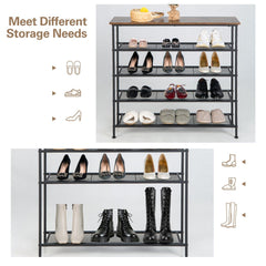 5-Tier Shoe Storage Rack with Metal Mesh Shelves and Wooden Top-Brown