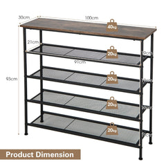 5-Tier Shoe Storage Rack with Metal Mesh Shelves and Wooden Top-Brown