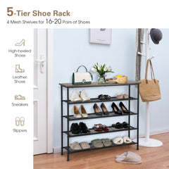 5-Tier Shoe Storage Rack with Metal Mesh Shelves and Wooden Top-Brown