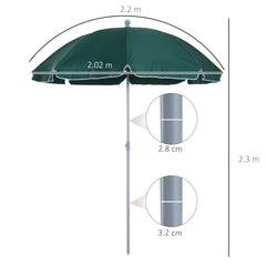 Outsunny 2.2m Beach Umbrella, Portable Parasol with Tilting Function, Outdoor Sunshade Shelter with 8 Ribs, Green