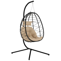 Outsunny Hanging Egg Chair Outdoor Indoor Garden Swing Chair with Folding Basket, Thickened Cushion, Garden Hanging Chair with Stand, Headrest for Patio, Balcony, Khaki