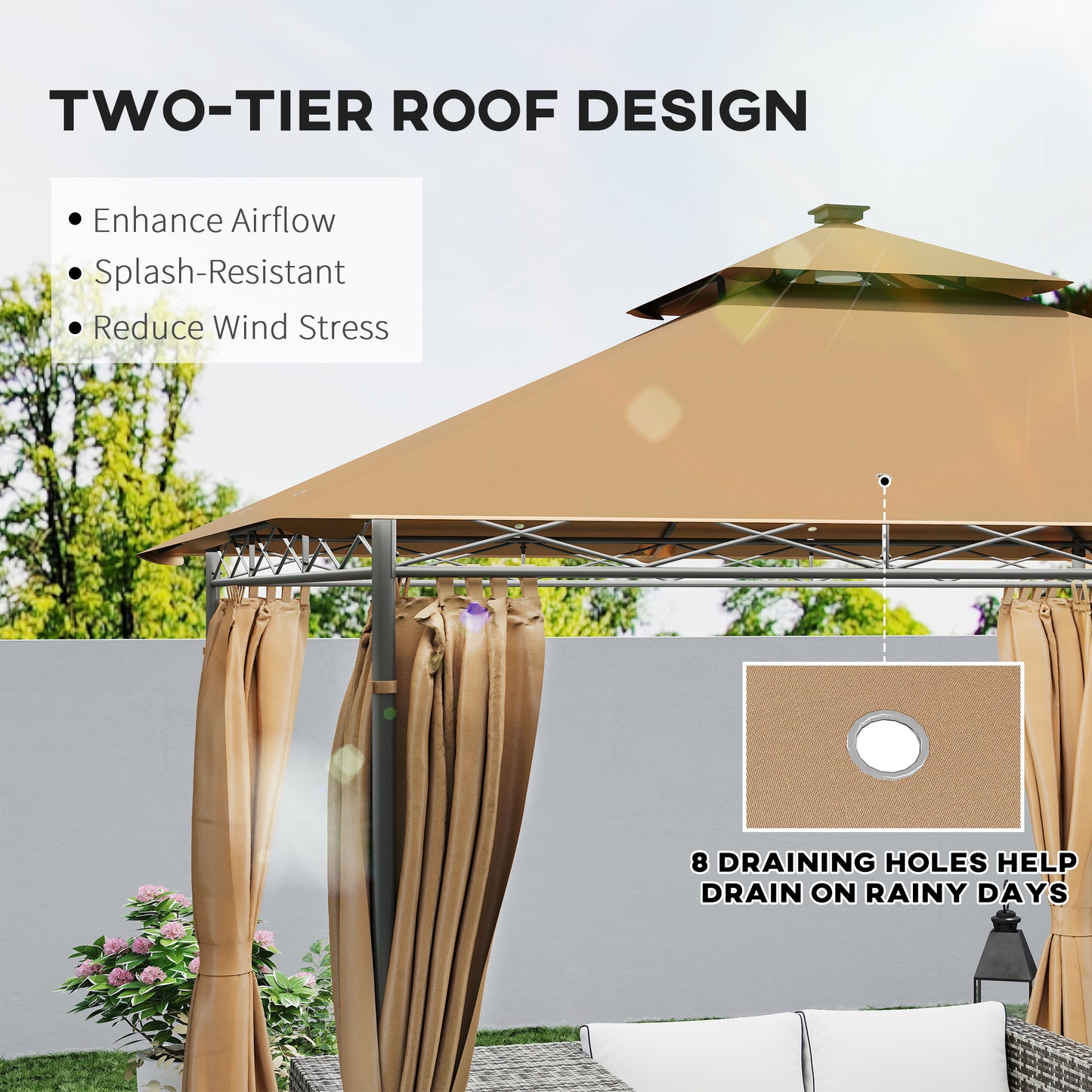 Outsunny 3 x 3 m Solar LED Metal Gazebo - Brown