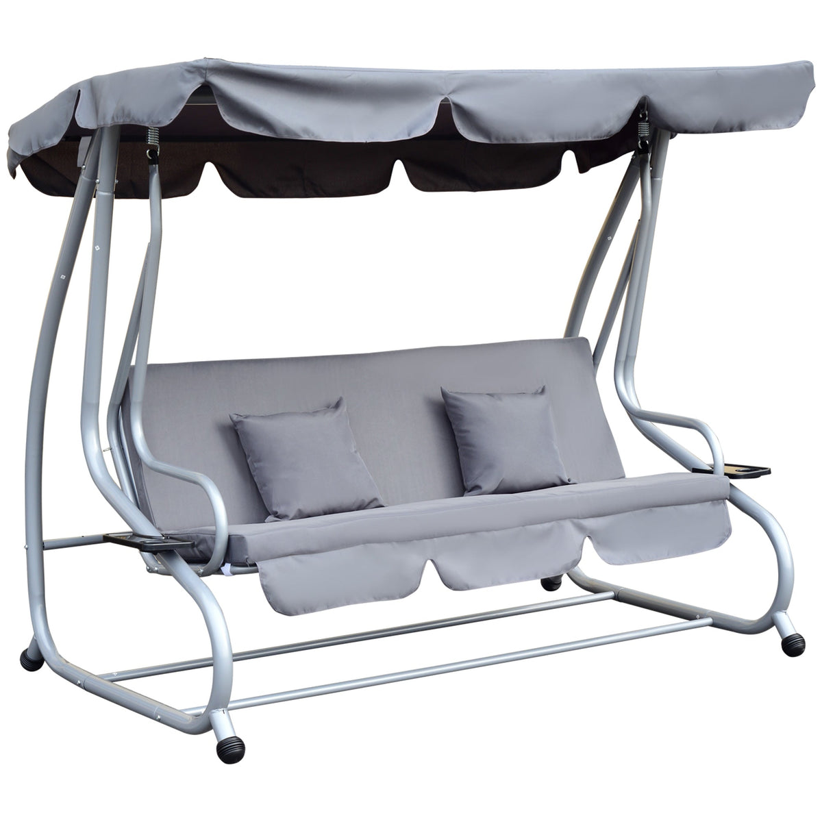 Outsunny 2-in-1 Garden Swing Seat Bed, 3 Seater Convertible Swing Chair Bench with Tilting Canopy, Cushioned Seat and 2 Pillows for Patio, Yard, Grey