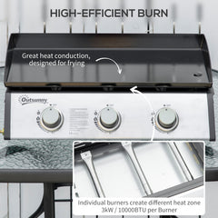 Outsunny Gas Plancha Grill with 3 Stainless Steel Burner, 9kW, Portable Tabletop Gas BBQ with Non-Stick Griddle for Camping Picnic Garden Party Festival