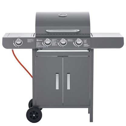 Outsunny 3+1 Burner Gas BBQ Grill, Outdoor Barbecue Trolley with Wheels, Warming Rack, Side Shelves, Cabinet, Thermometer for Garden, Party, Camping, 110L x 50W x 100Hcm, Grey