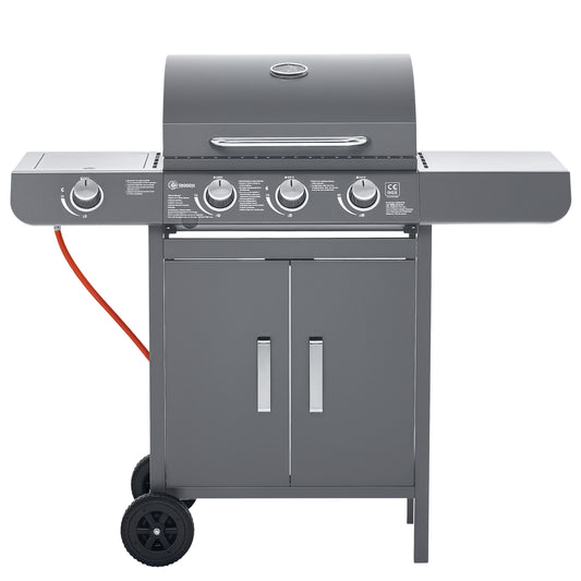 Outsunny 3+1 Burner Gas BBQ Grill, Outdoor Barbecue Trolley with Wheels, Warming Rack, Side Shelves, Cabinet, Thermometer for Garden, Party, Camping, 110L x 50W x 100Hcm, Grey