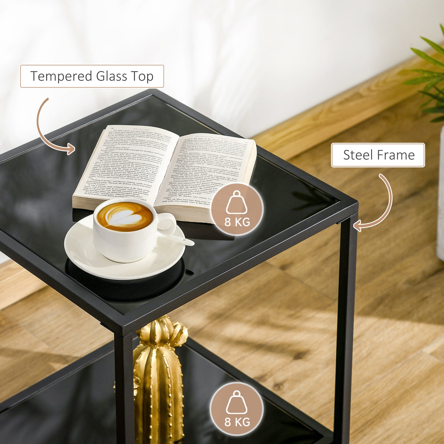HOMCOM Tempered Glass Side Table with Storage, Modern 2-Tier Bedside Table with Steel Frame, Black