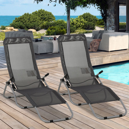 Outsunny Set of 2 Outdoor Patio Chaise Recliner Portable Lounge Chairs w/ Rust-Resistant Steel Frame & Adjustable Backrest, Grey