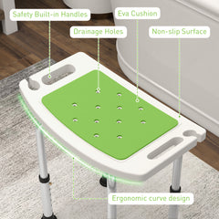 HOMCOM 6-Level Height Adjustable Aluminium Bath Room Stool Chair Shower Non-Slip Design w/ Padded Seat Drainage Holes Foot Pad, Green