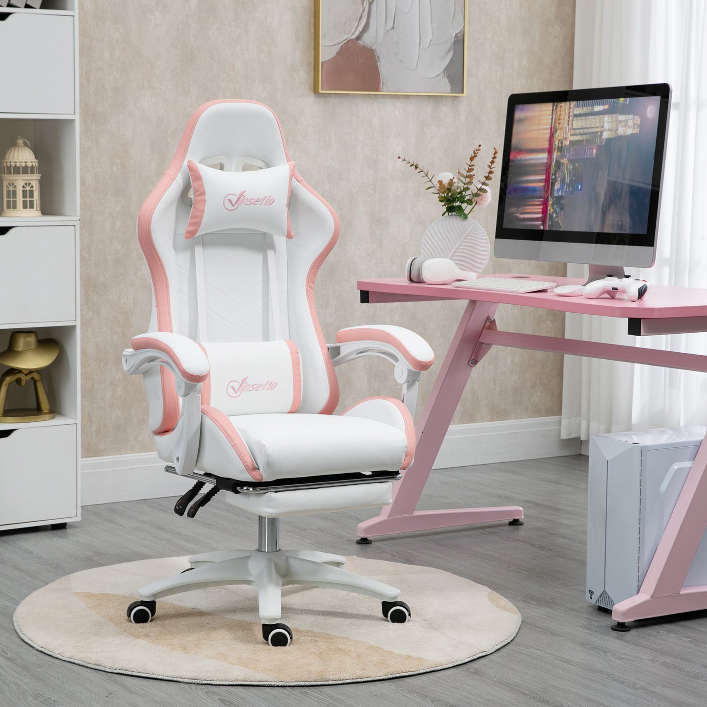 Vinsetto Computer Gaming Chair, PU Leather Desk Chair with Footrest, Swivel Task Chair with 135√Ç¬∞ Reclining Back and Lumbar Support, PC Chair for Adults, White and Pink