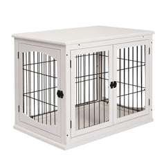 PawHut Dog Crate Furniture, Puppy Crate End Table, Pet Kennel House with 2 Doors for Medium and Small Dogs, 81 x 58.5 x 66 cm, White