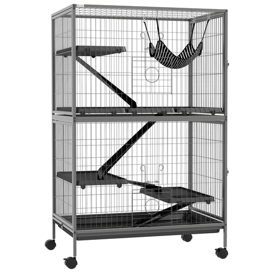 PawHut Small Animal Cage for Chinchilla Ferret Kitten on Wheels with Hammock Removable Tray, Grey