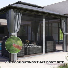 Outsunny 3 x 4m Hardtop Gazebo Canopy with UPF30+ Double Polycarbonate Roof, Aluminium Frame Garden Gazebo Permanent Pavilion with Mosquito Netting and Curtains for Patio, Deck, Grey