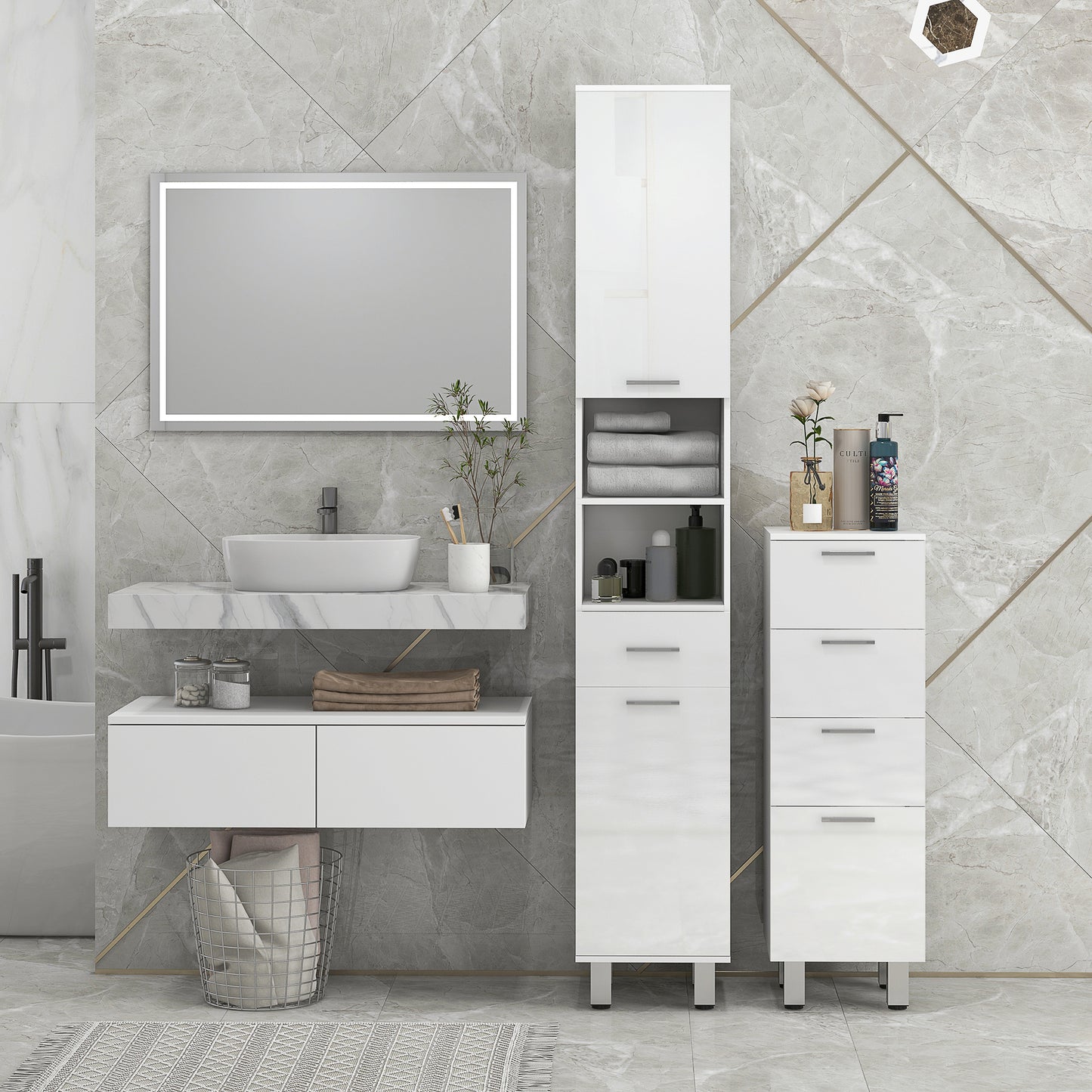 kleankin 71" Tall Slim Bathroom Storage Cabinet, Tall Narrow Cupboard with Drawer, Open Shelves, 2 Doors Cabinets and Adjustable Shelves for Kitchen, Hallway, Living Room, High Gloss White