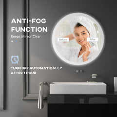 kleankin Round Bathroom Mirror with LED Lights, Wall-Mounted Dimmable Makeup Mirror with 3 Temperature Colours, Defogging Film, Memory Function, Hardwired, 70 x 70√Ç cm