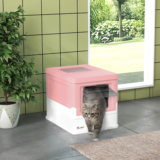 PawHut Hooded Cat Litter Box, Portable Pet Toilet, with Scoop, Front Entry - Pink