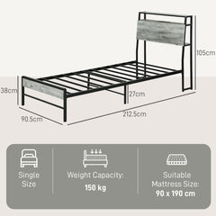 HOMCOM Single Steel Bed Frame, with LED Lights and Headboard Shelf - Grey