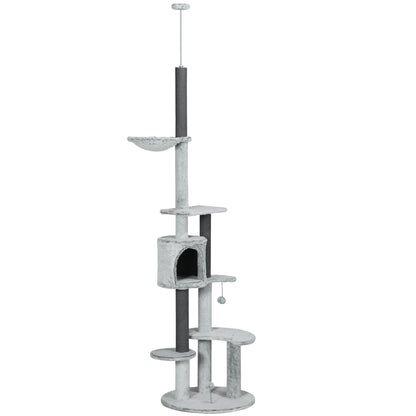 PawHut 255cm Floor to Ceiling Cat Tree with Scratching Posts, Height Adjustable Cat Tower with Hammock, House, Anti-tipping Kit, Perches, Toys, Grey