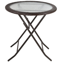 Outsunny Folding Round Tempered Glass Garden Table with Brown Rattan Edging