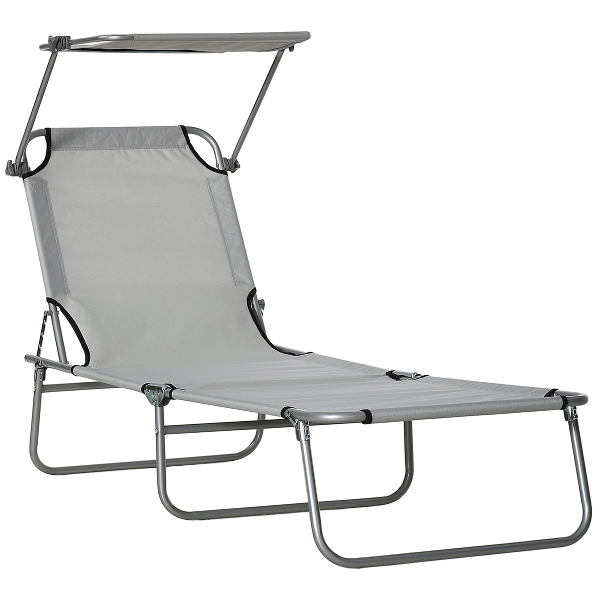 Outsunny Outdoor Foldable Sun Lounger, 4 Level Adjustable Backrest Reclining Sun Lounger Chair with Angle Adjust Sun Shade Awning for Beach, Garden, Patio, Light Grey