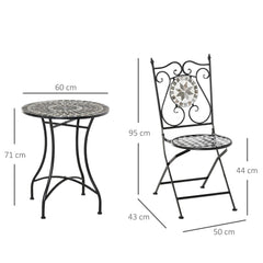 Outsunny 3 Pcs Mosaic Tile Garden Bistro Set Outdoor Seating w/ Table 2 Folding Chairs Set Metal Frame Elegant Scrolling Indoor Patio Balcony