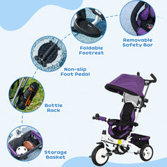 HOMCOM 6 in 1 Kids Trike Push Bike w/ Push Handle, Canopy, 5-point Safety Belt, Storage, Footrest, Brake, for 1-5 Years, Purple