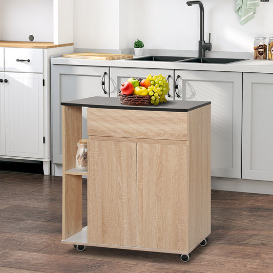 HOMCOM Kitchen Storage Trolley Cart Cupboard Rolling Island Shelves Cabinet With Door and Drawer Locking Wheels