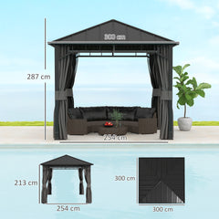 Outsunny 3 x 3(m) Hardtop Gazebo with Galvanised Steel Roof and Water Gutter, Waterproof Permanent Pavilion Garden Gazebo with Netting and Curtains for Patio, Deck