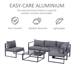 Outsunny 6 PCs Outdoor Indoor Sectional Corner Sofa Set Thick Padded Cushions Aluminium Frame 5 Seaters 1 Coffee Table Grey