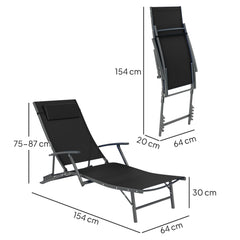 Outsunny Set of 2 Folding Sun Loungers for Garden, 4 Positions Adjustable Outdoor Chaise Lounge Chairs with Armrests, Pillows, Steel Frame, Sunbed Recliners for Patio, Beach and Poolside, Black