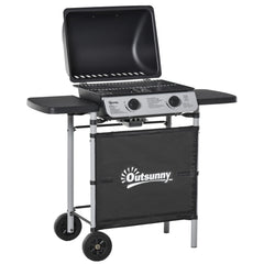 Outsunny 2 Burner Gas BBQ Trolley with Lid, 5.6 kW Gas Barbecue Grill with Wheels, Side Shelves, Black