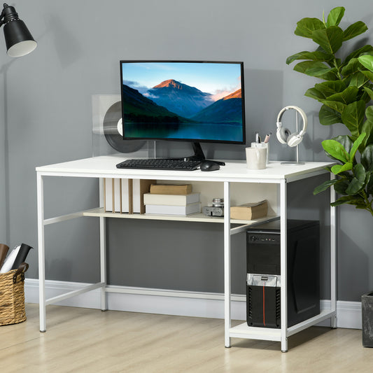 HOMCOM Computer Desk with Storage, 120 x 60cm Home Office Desk with 2 Shelves and Steel Frame, Writing Table for Living Room, Study, White