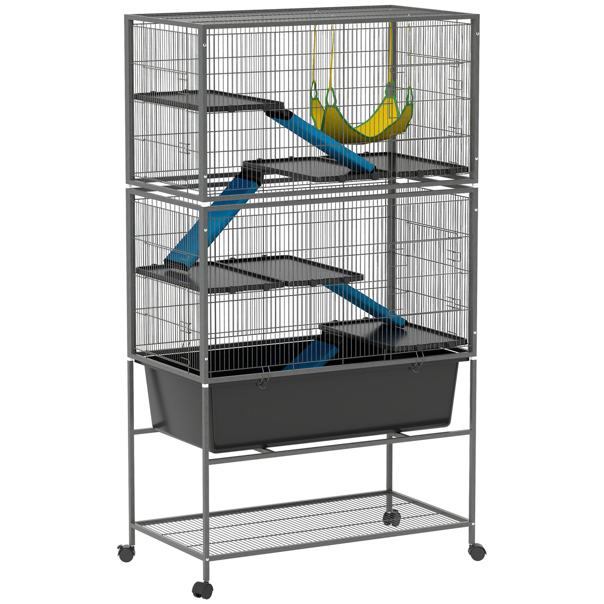 PawHut 5 Levels Rolling Small Animal Cage with Non Slip Ramps, Slide Out 16cm Deep Tray, 88 x 48 x 150.5cm, Dark Grey