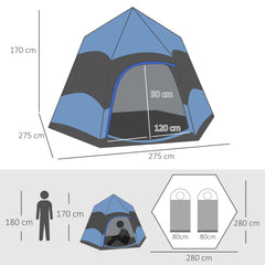 Outsunny Six Man Hexagon Camping Tent with Hang Hook and Carry Bag - Blue and Black