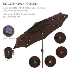 Outsunny â2.7m Garden 24 LED Light Parasol Solar Outdoor Tilt Sun Umbrella Patio Club Party Event Manual Sun Shade w/ Hand Crank and 8 Ribs, Brown