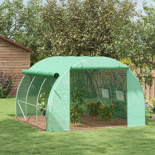 Outsunny Polytunnel Greenhouse Walk-in Grow House Tent with Roll-up Sidewalls, Zipped Door and 6 Windows, 3x3x2m Green