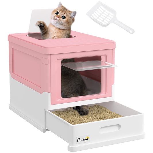 PawHut Hooded Cat Litter Box, Portable Pet Toilet, with Scoop, Front Entry - Pink