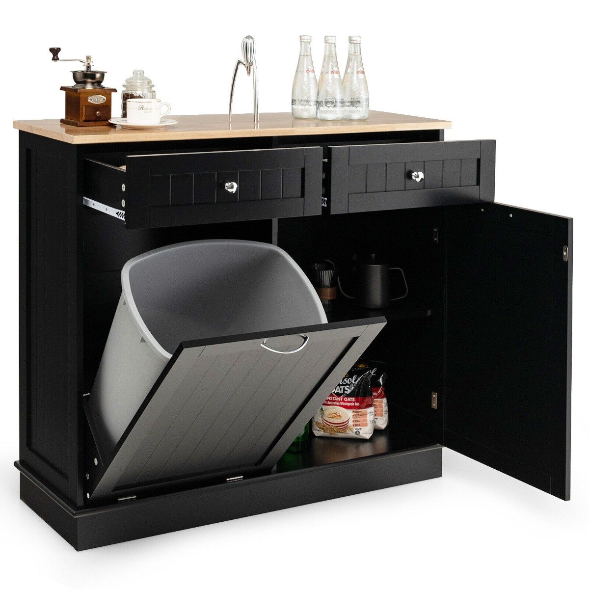 Kitchen Tilt-Out Trash Cabinet with 2 Drawers and Adjustable Shelves-Black