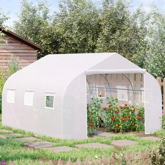 Outsunny Walk-In Polytunnel Greenhouse Warm House Garden Tunnel Shelter Plant Shed with Door and Windows, Galvanised Steel Frame, 3.5 x 3 x 2m, White