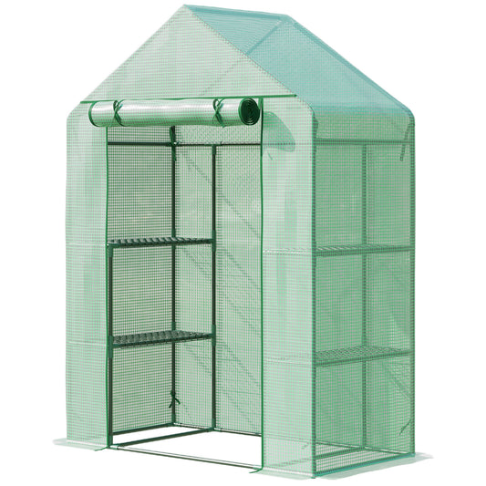 Outsunny Walk In Greenhouse with Shelves, Portable Gardening Plant Grow House for Outdoor with 2 Tier Shelf, Roll-Up Zippered Door, PE Cover, 141 x 72 x 191cm, Green